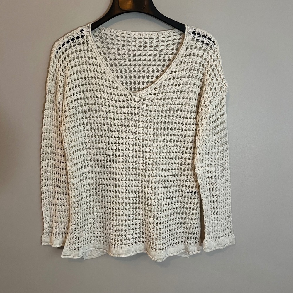 Cream Open Knit Fisherman Crochet V-Neck Sweater Mesh Pullover M Coastal Cape